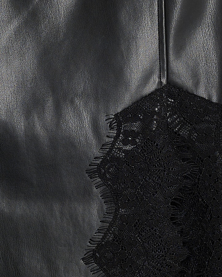Black Faux Leather Lace Trim Midaxi Skirt
