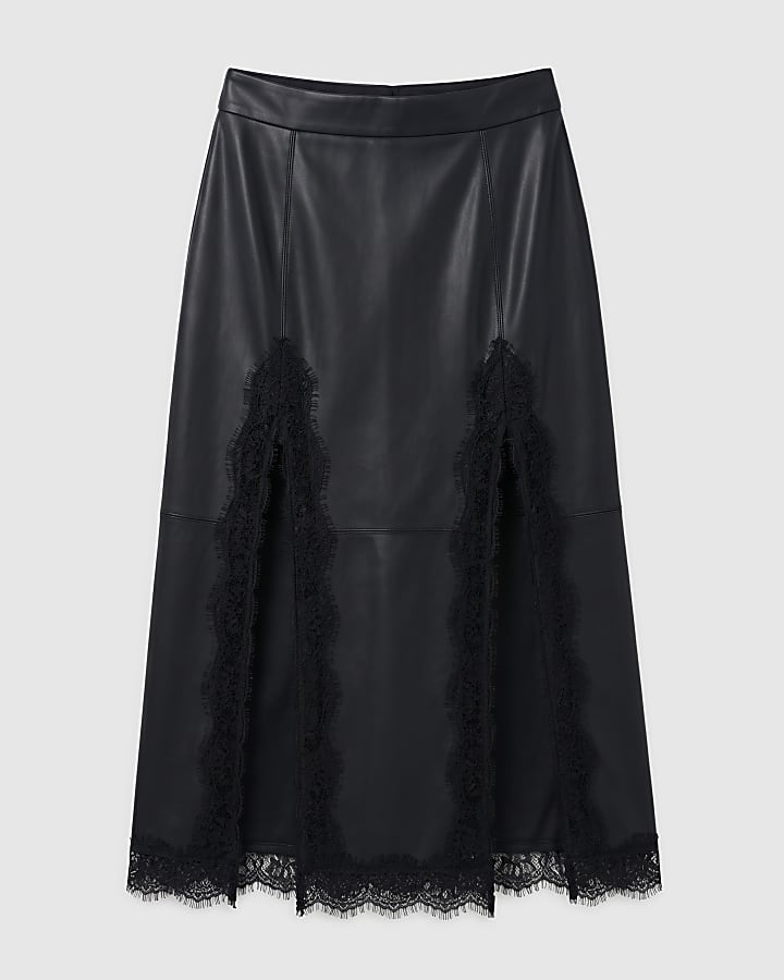 Black Faux Leather Lace Trim Midaxi Skirt
