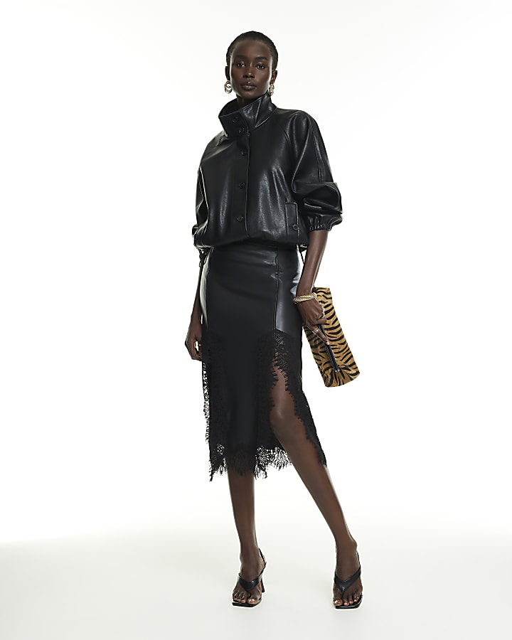 Black Faux Leather Lace Trim Midaxi Skirt