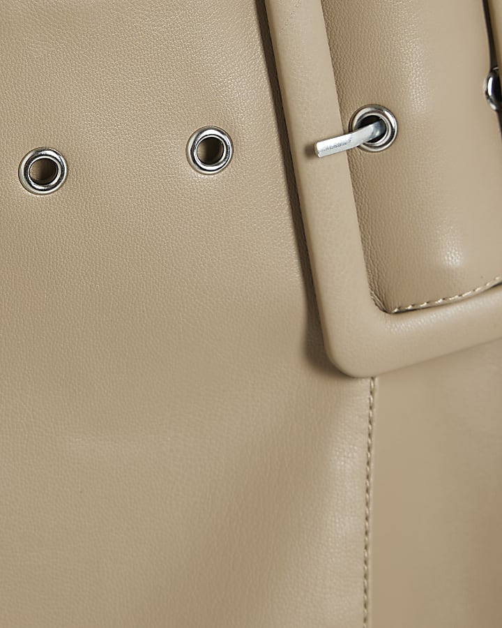 Beige Faux Leather Buckle Mini Wrap Skirt