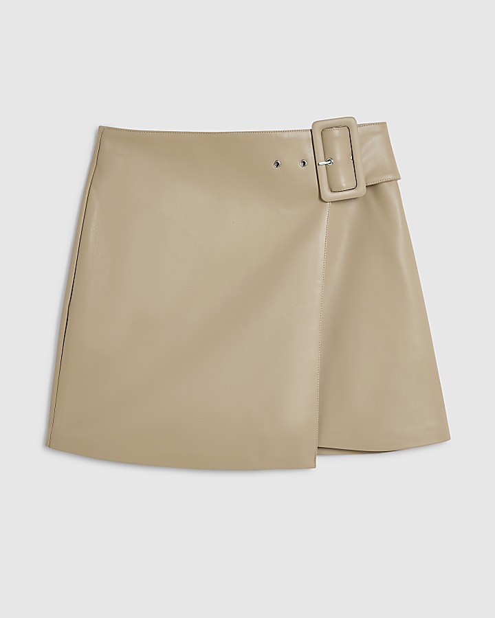 Beige Faux Leather Buckle Mini Wrap Skirt