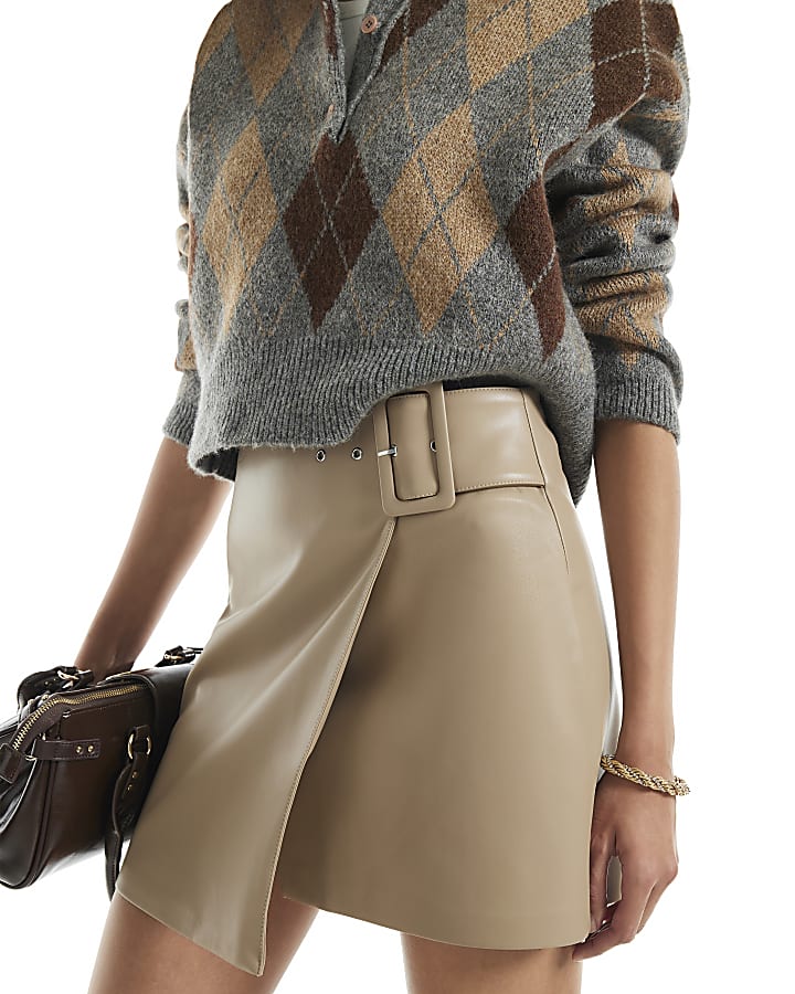 Beige Faux Leather Buckle Mini Wrap Skirt
