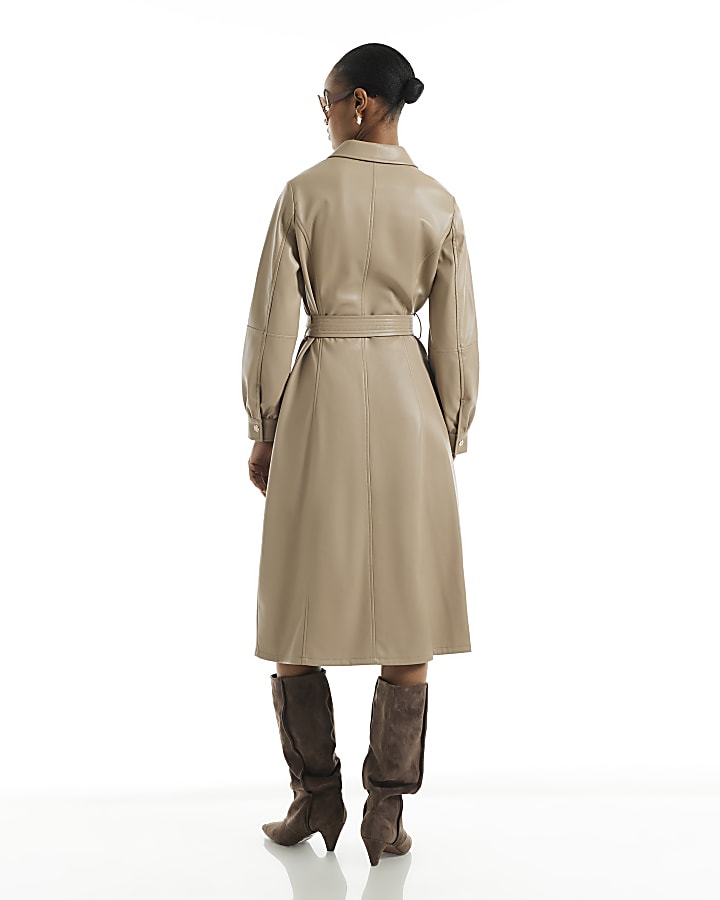 Beige Faux Leather Midi Shirt Dress