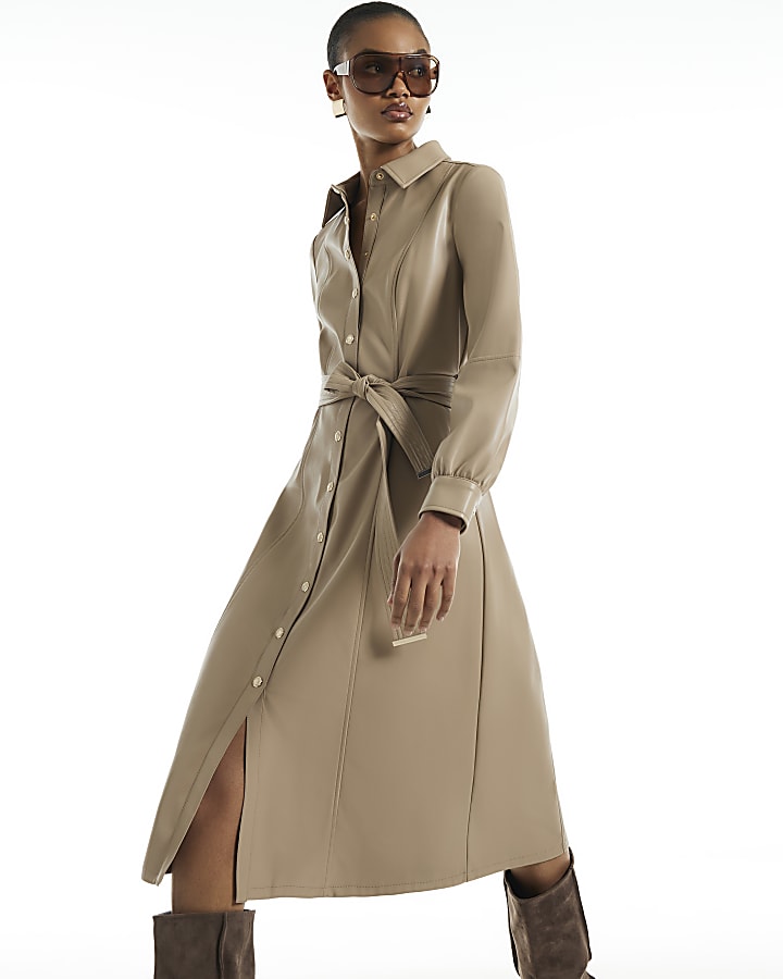 Beige Faux Leather Midi Shirt Dress