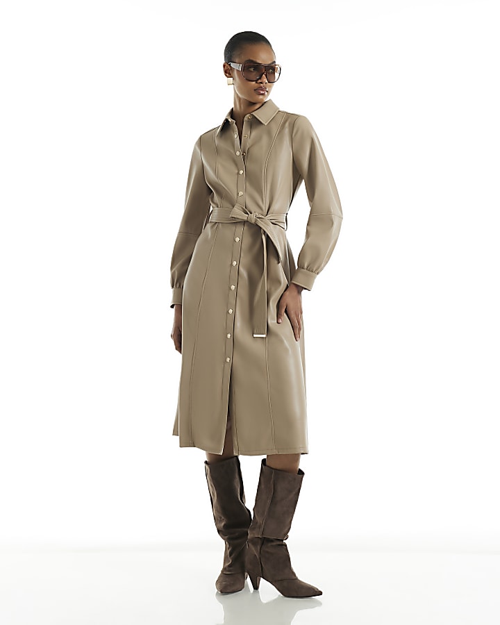 Beige Faux Leather Midi Shirt Dress
