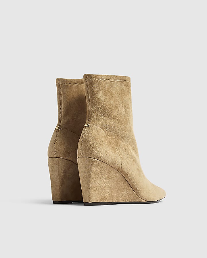 Beige Faux Suede Stretch Wedge Ankle Boots