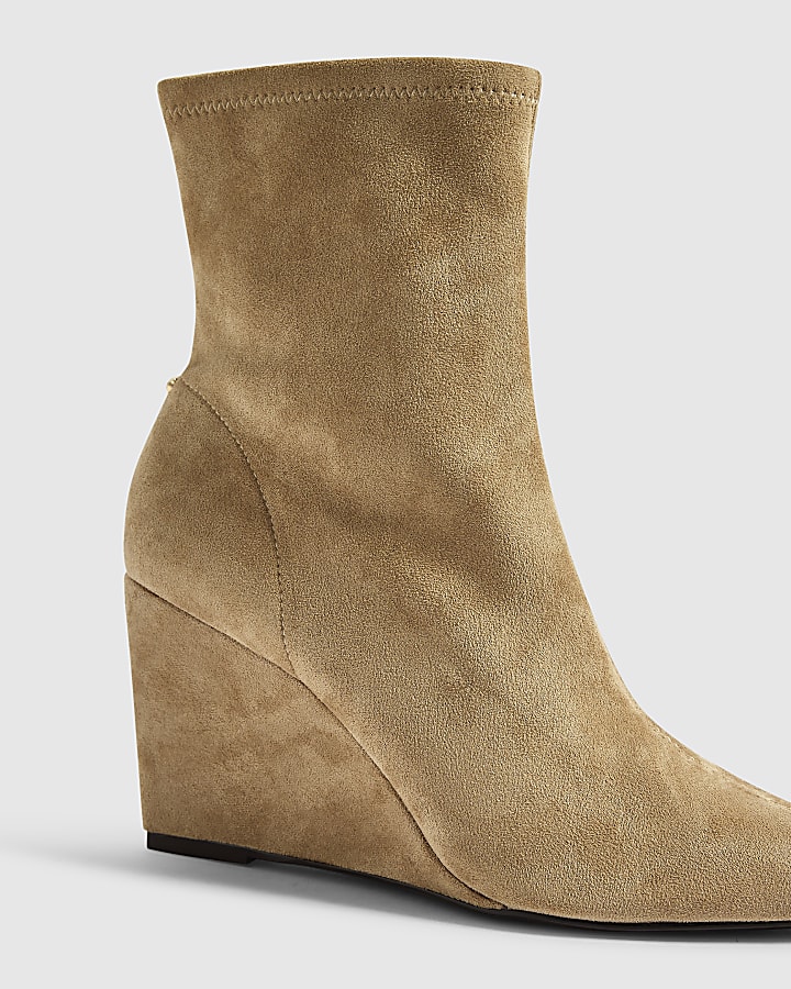 Beige Faux Suede Stretch Wedge Ankle Boots