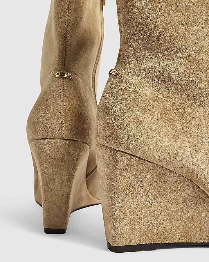 Beige Faux Suede Stretch Wedge Ankle Boots