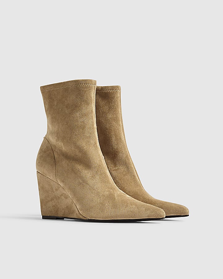 Beige Faux Suede Stretch Wedge Ankle Boots