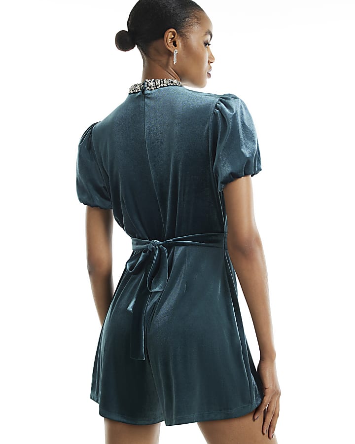 Blue Velvet Embellished Neck Playsuit