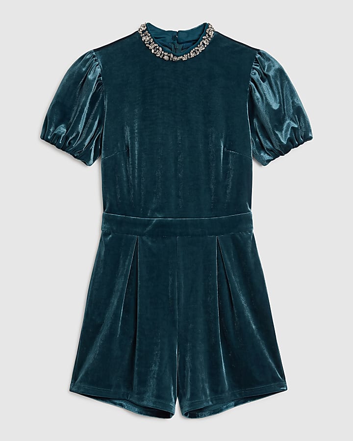 Blue Velvet Embellished Neck Playsuit