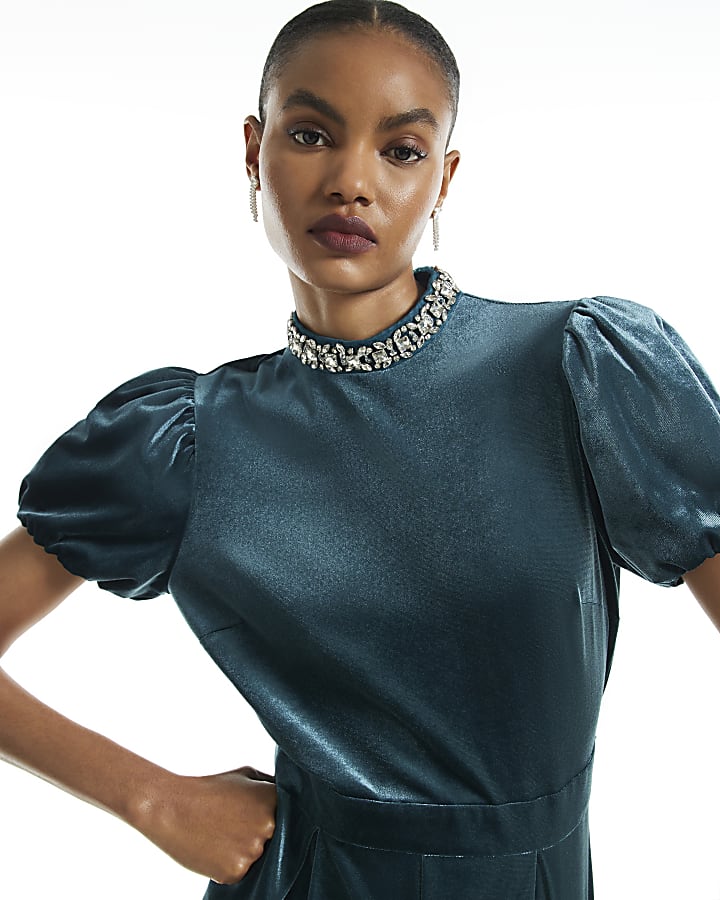 Blue Velvet Embellished Neck Playsuit