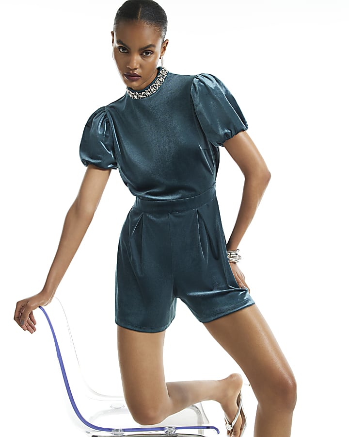 Blue Velvet Embellished Neck Playsuit