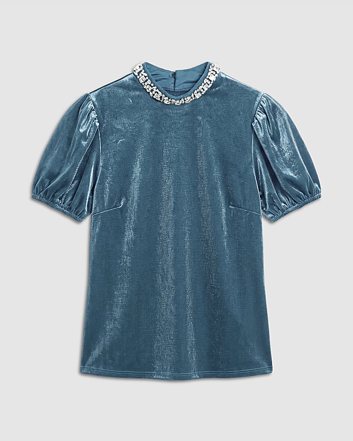 Blue Embellished Velvet Top