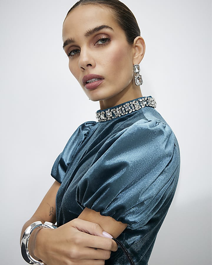 Blue Embellished Velvet Top