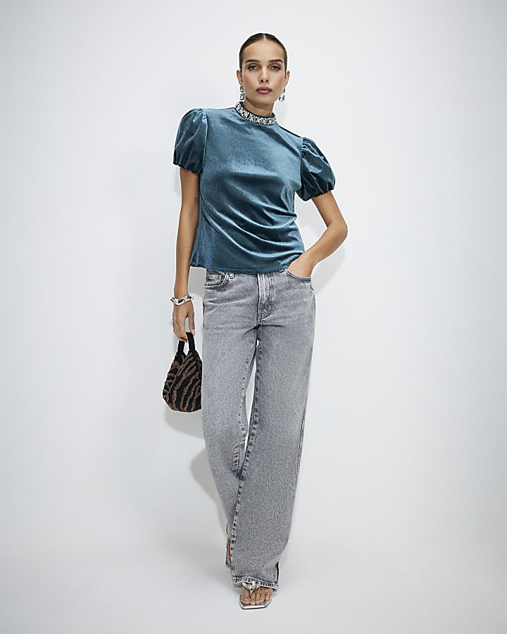 Blue Embellished Velvet Top