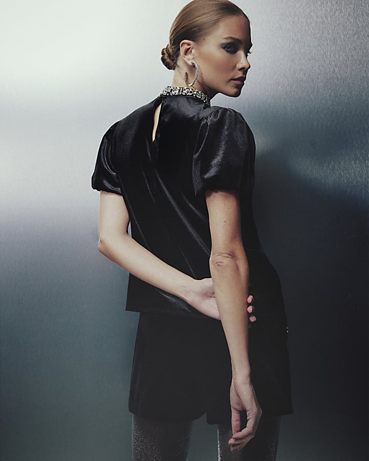Black Embellished Velvet Top