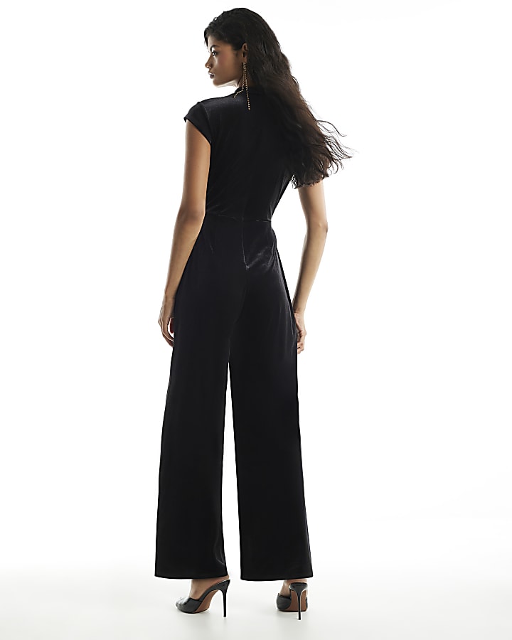 Black Velvet Stand Up Collar Jumpsuit