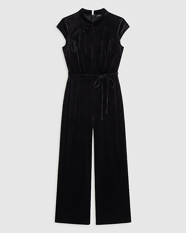 Black Velvet Stand Up Collar Jumpsuit