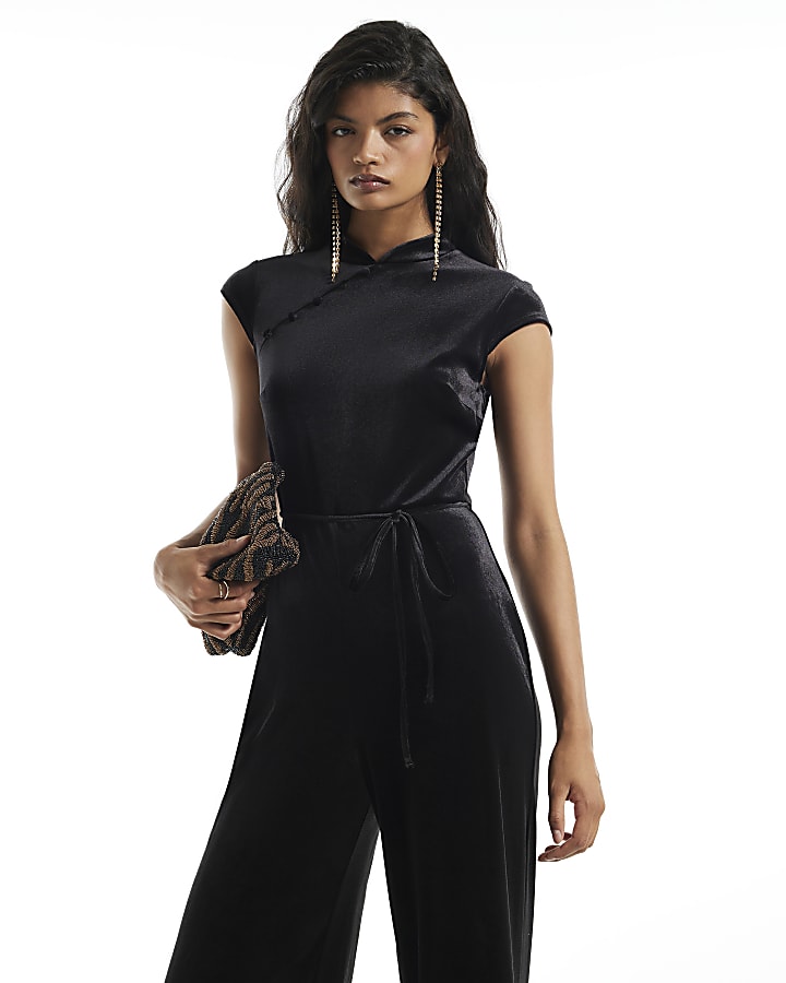 Black Velvet Stand Up Collar Jumpsuit
