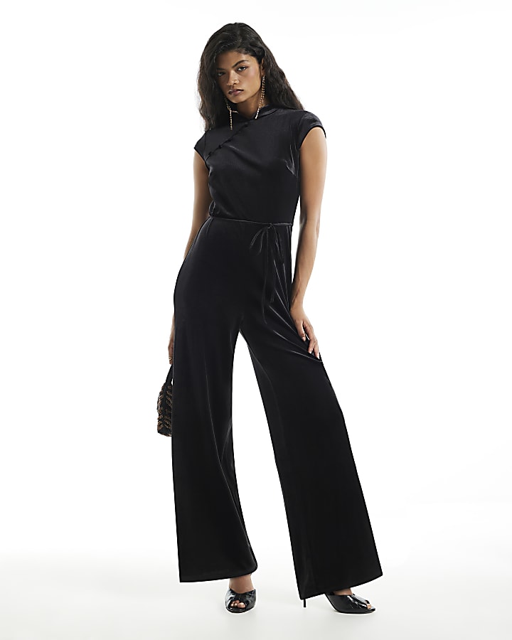 Black Velvet Stand Up Collar Jumpsuit