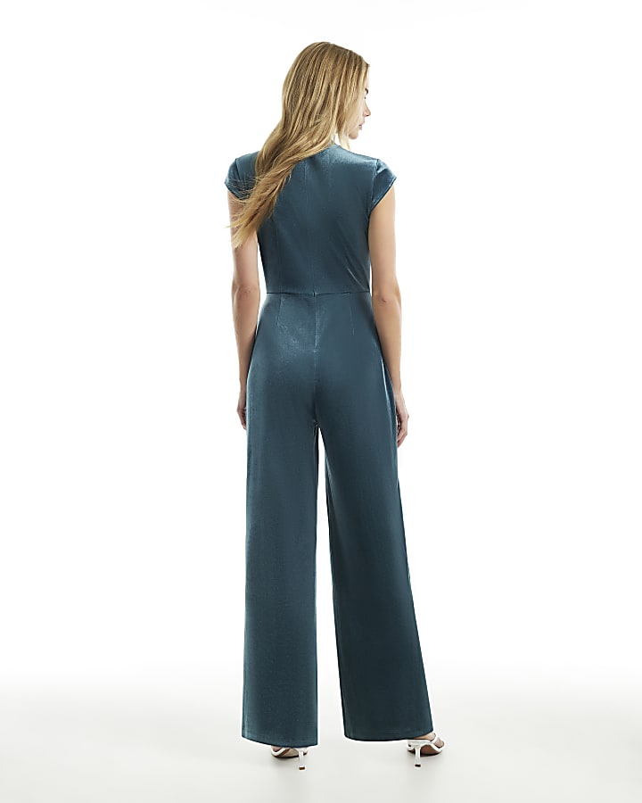Blue Velvet Stand Up Collar Jumpsuit