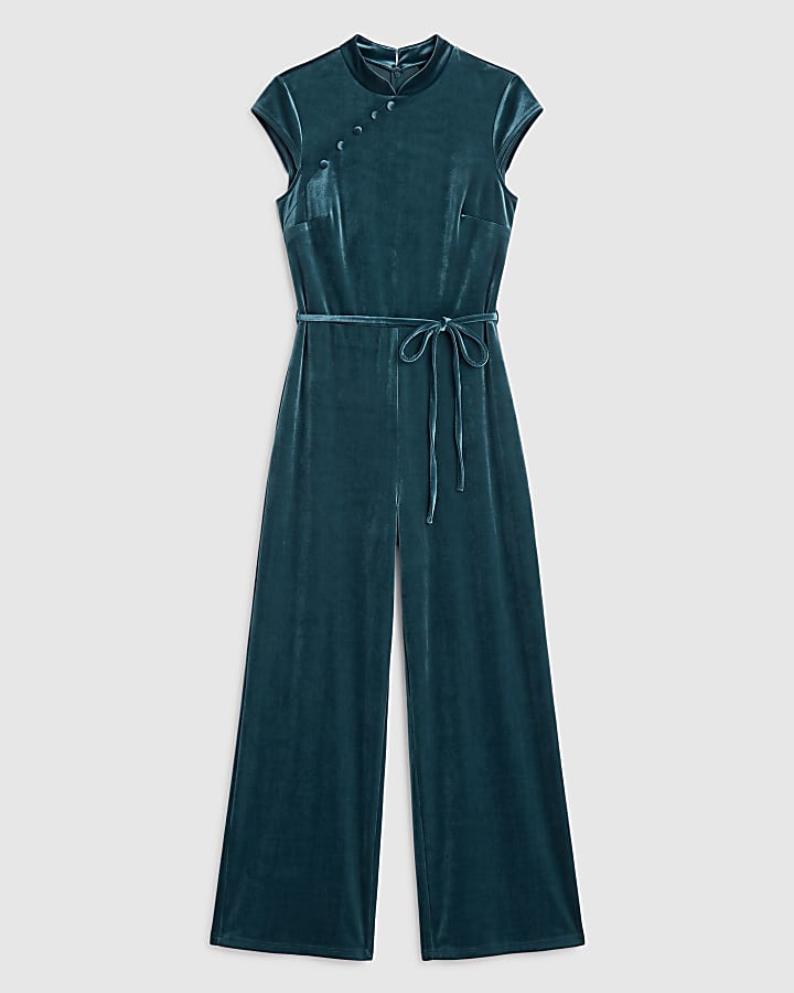 Blue Velvet Stand Up Collar Jumpsuit