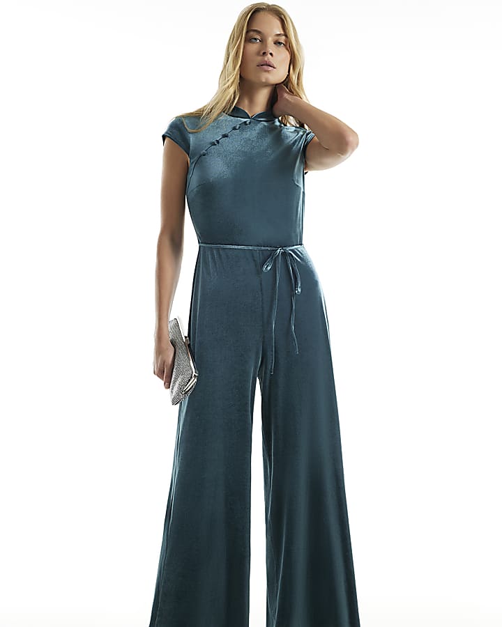Blue Velvet Stand Up Collar Jumpsuit