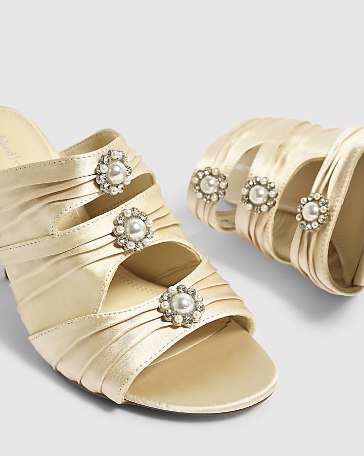Cream Satin Stiletto Heel Mule Sandals