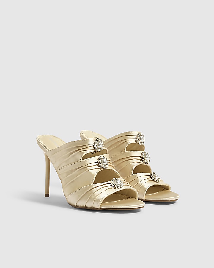 Cream Satin Stiletto Heel Mule Sandals