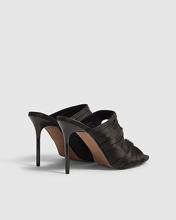 Black Satin Stiletto Heel Mule Sandals