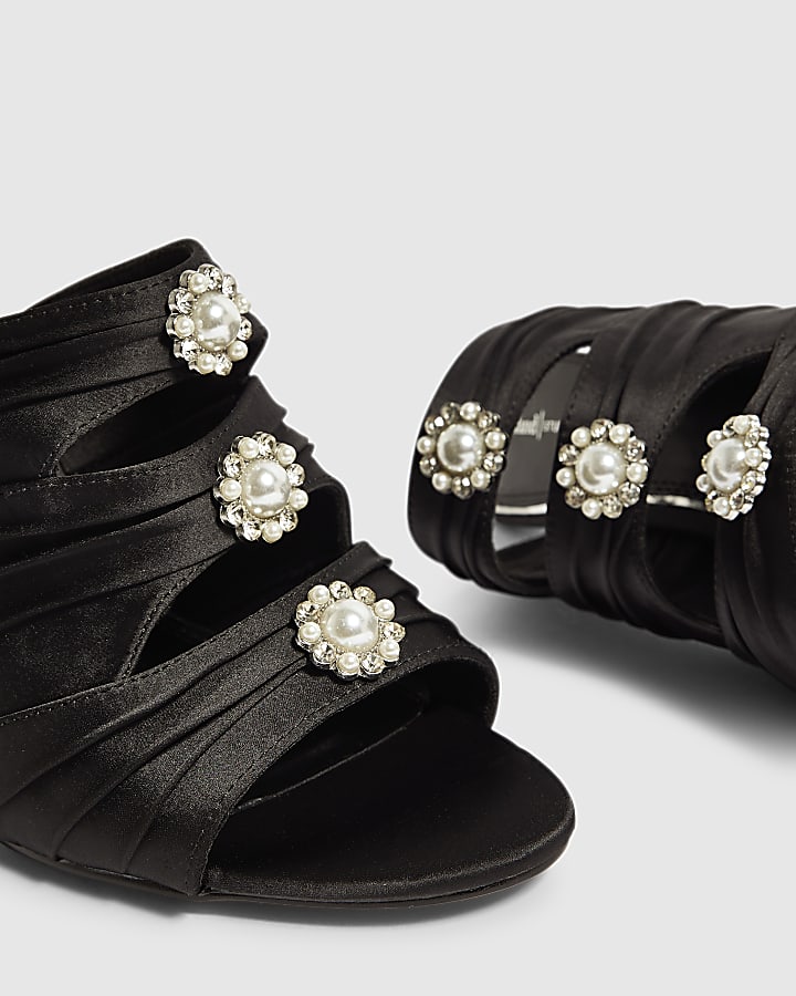 Black Satin Stiletto Heel Mule Sandals