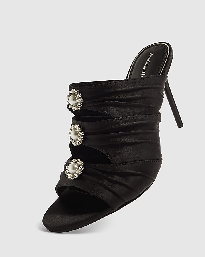 Black Satin Stiletto Heel Mule Sandals