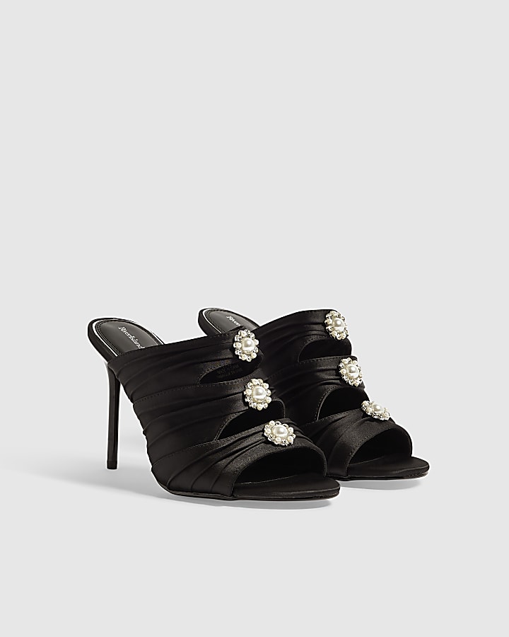 Black Satin Stiletto Heel Mule Sandals