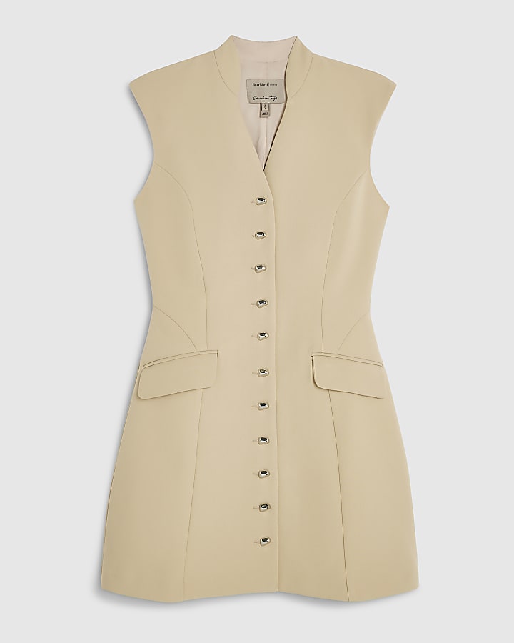 Beige Short Sleeve Button Structured Dress