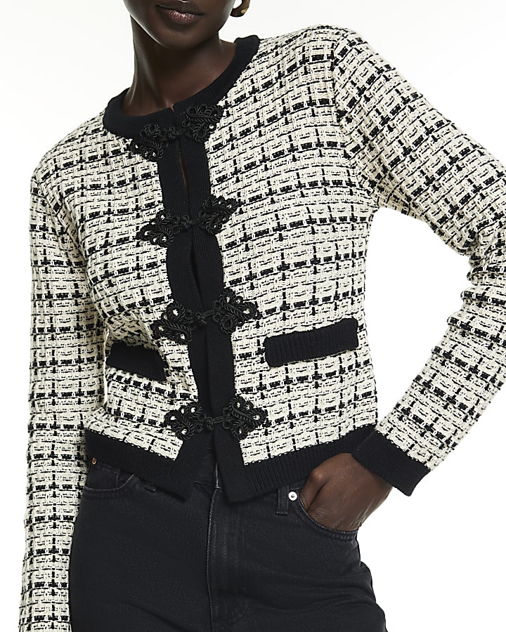 Black Boucle Knit Frogging Cardigan