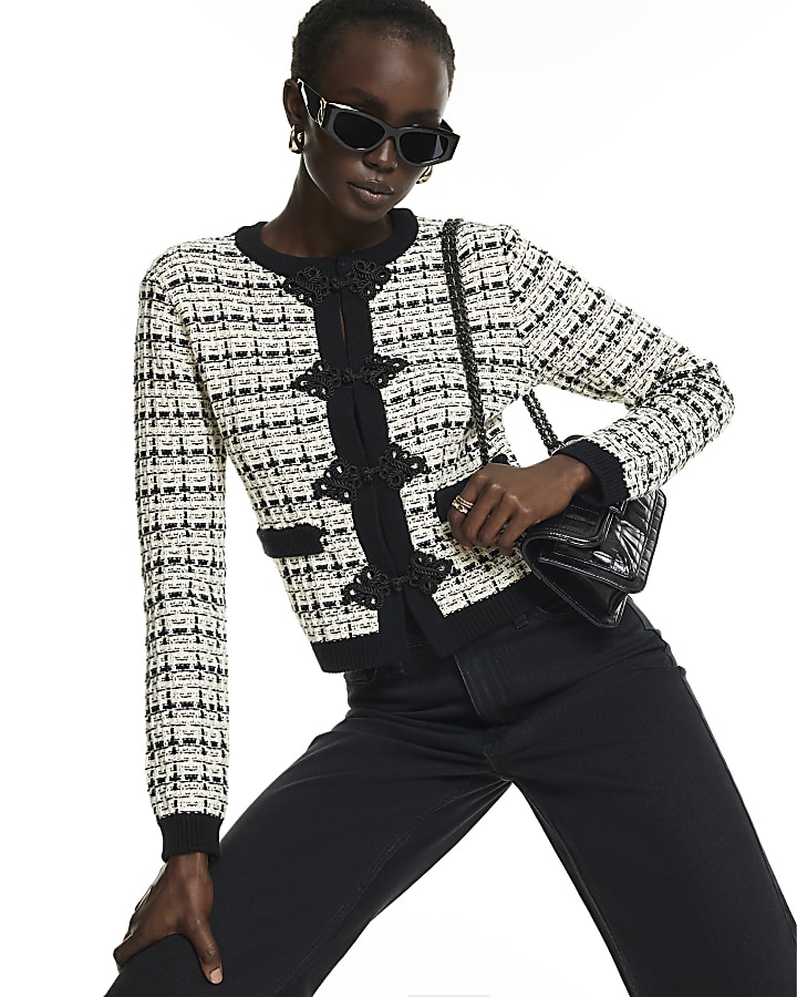 Black Boucle Knit Frogging Cardigan