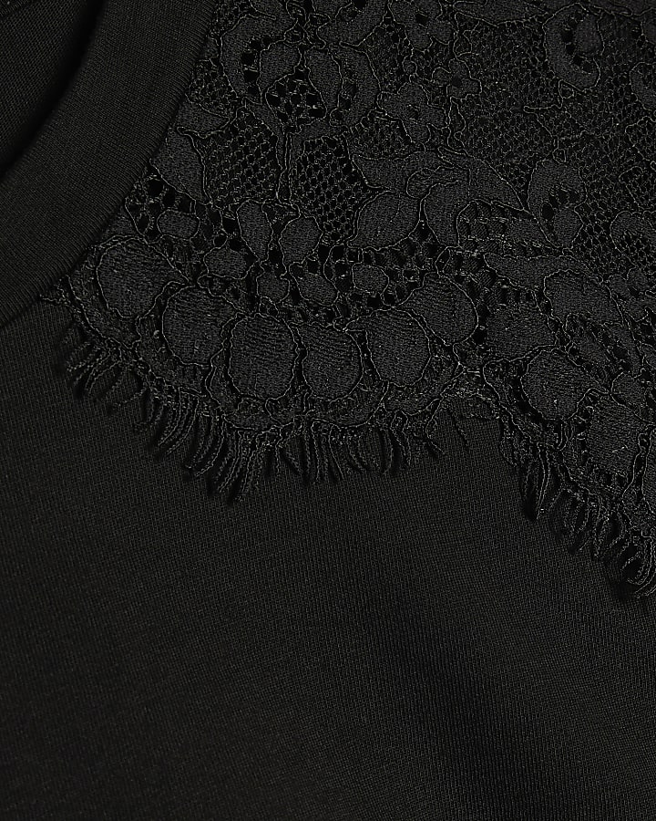 Black Cotton Lace Asymmetric Ruched T-Shirt