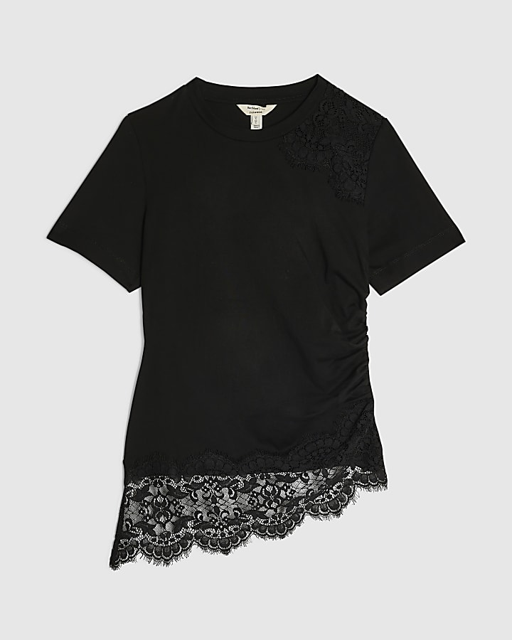 Black Cotton Lace Asymmetric Ruched T-Shirt