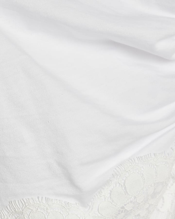 White Lace Asymmetric Hem Ruched T-Shirt
