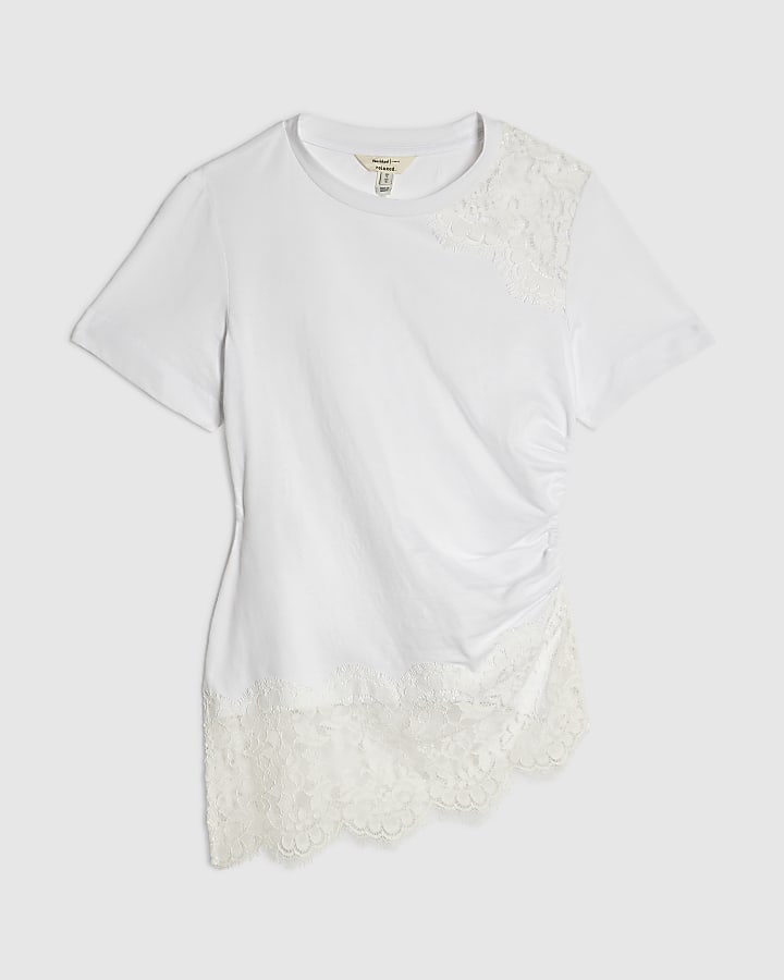 White Lace Asymmetric Hem Ruched T-Shirt