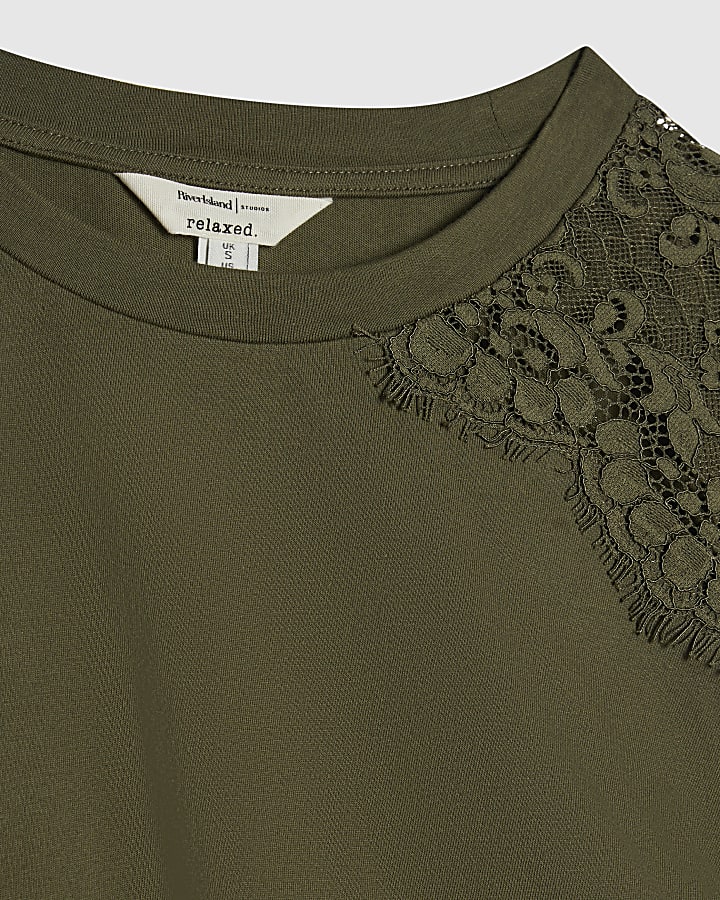 Green Cotton Lace Asymmetric Ruched T-Shirt