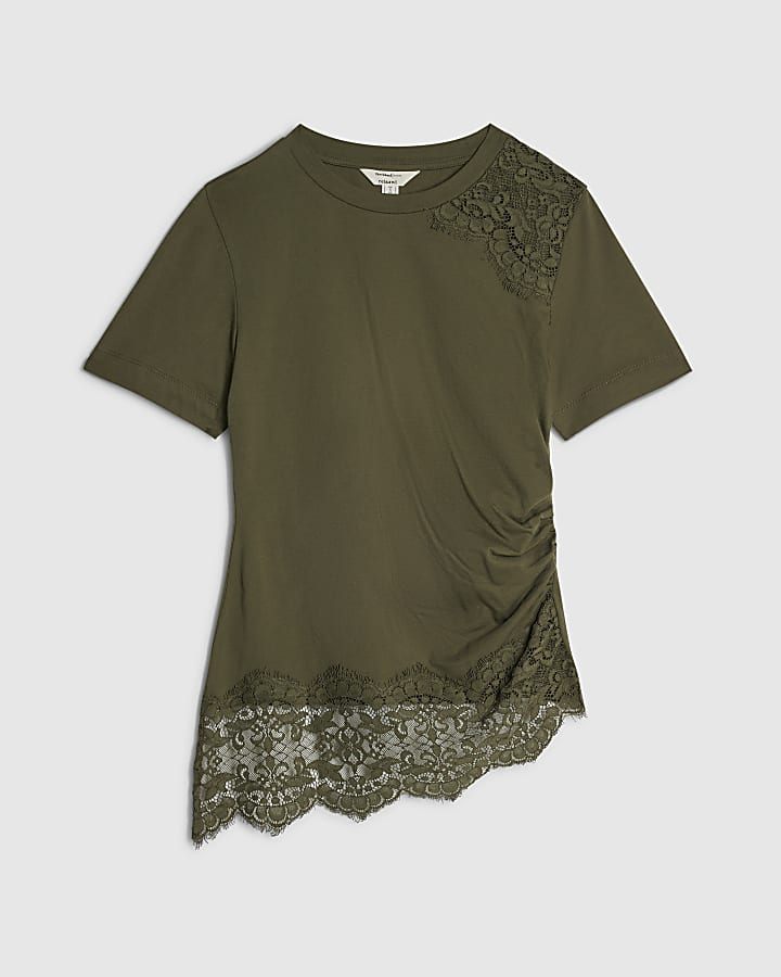 Green Cotton Lace Asymmetric Ruched T-Shirt