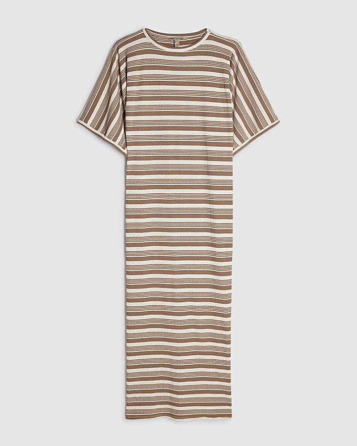 Brown Short Sleeve Striped Maxi Batwing Dress