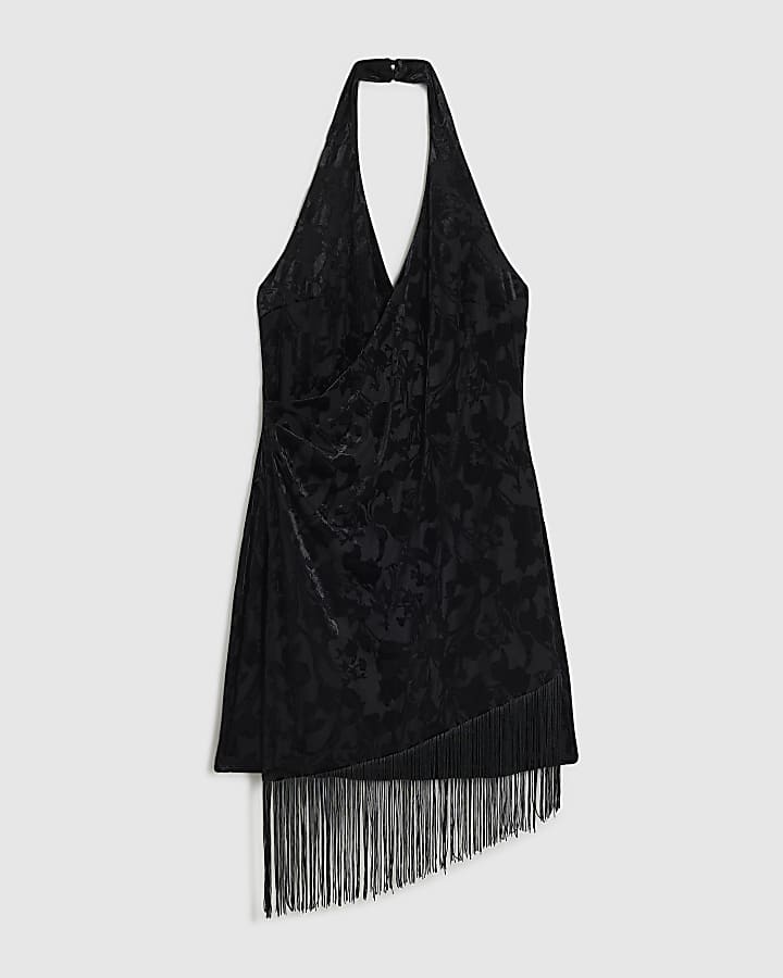 Petite Black Velvet Devore Fringe Dress