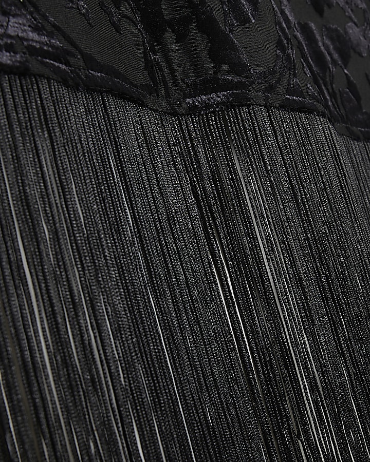 Petite Black Devore One Shoulder Fringe Top