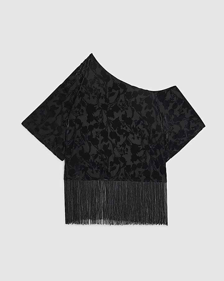 Petite Black Devore One Shoulder Fringe Top