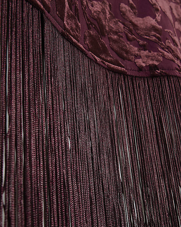 Petite Wine Devore One Shoulder Fringe Top