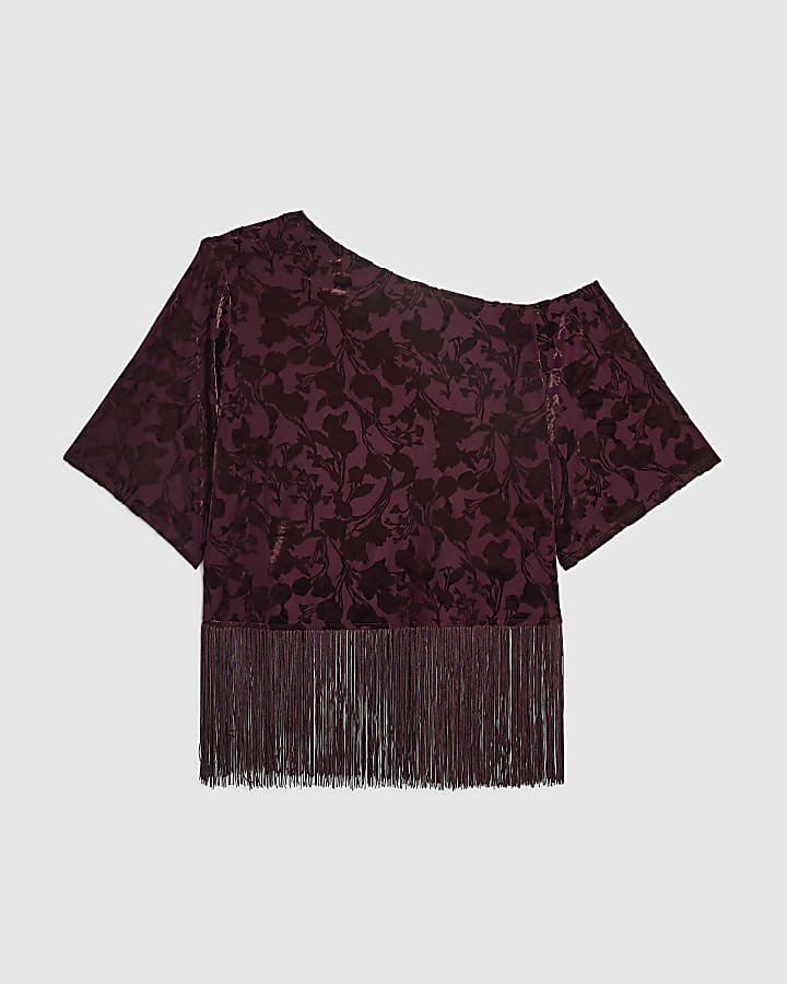 Petite Wine Devore One Shoulder Fringe Top