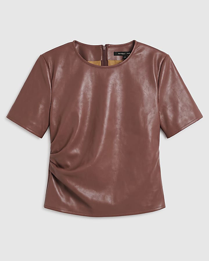 Pink Faux Leather Shoulder Pad Knot Top